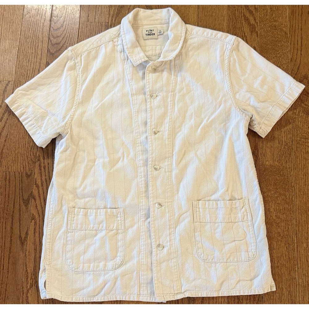 Flint And Tinder Shirt Mens Medium Beige Stripe Short Sleeve Button Up Guayabera